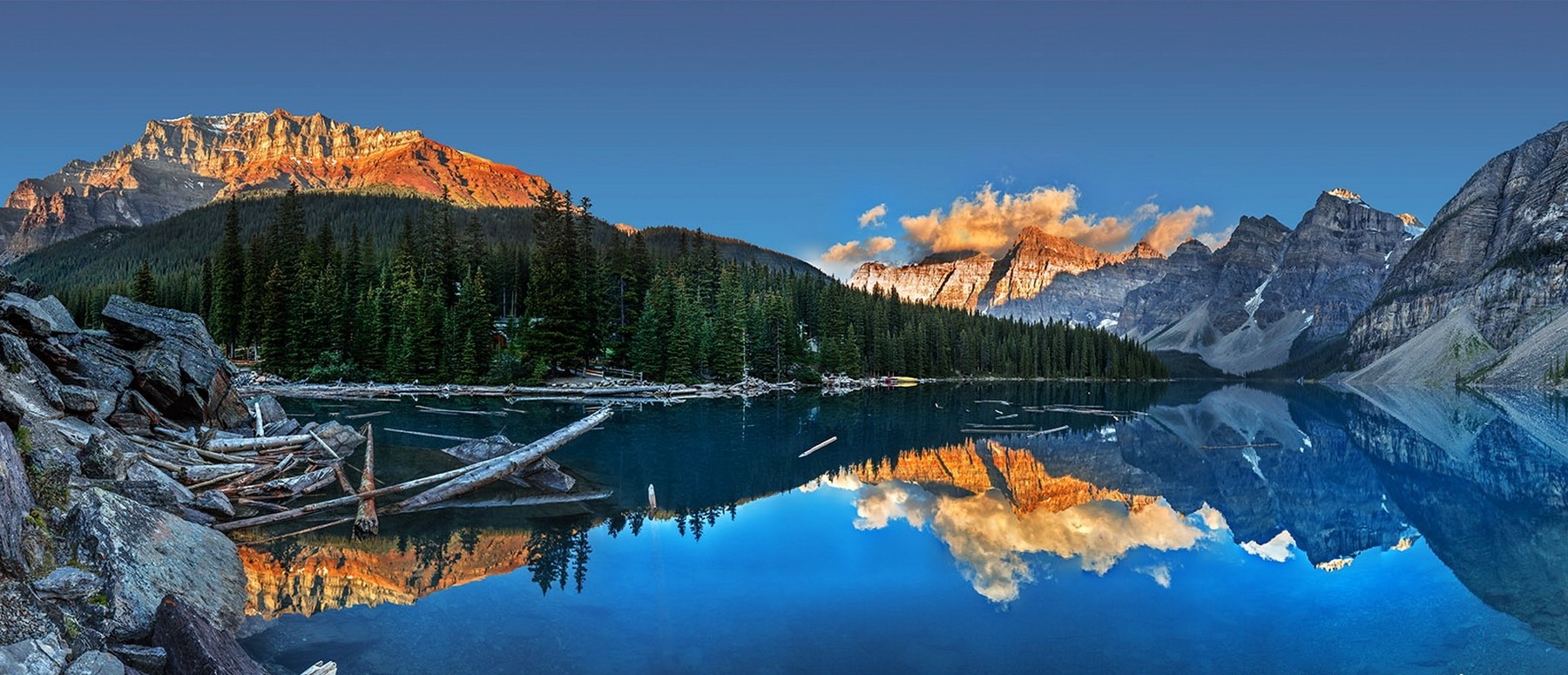 Moraine Lake, Sunset, Summer, Lake, Canada, Mountain, Water, Forest, Cliff, Reflection, Blue, Clouds, Nature, Landscape Wallpaper