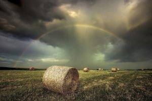 rainbows, Field, Clouds, Storm, Bale, Nature, Landscape