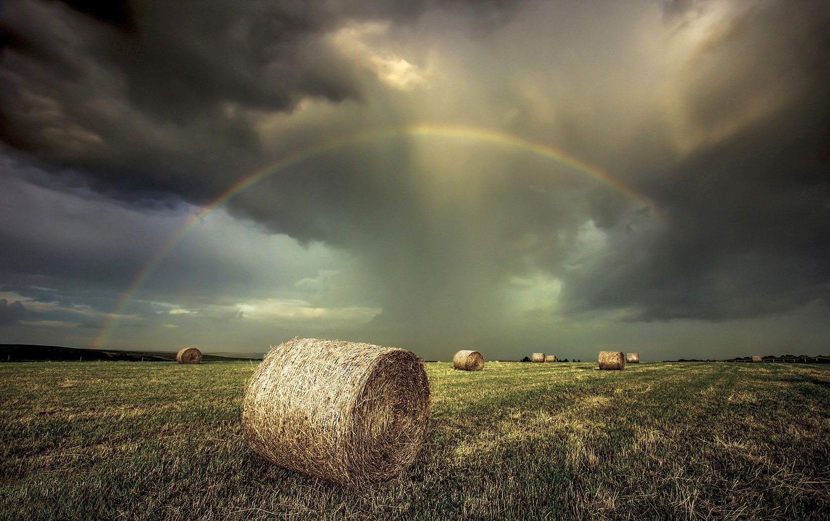 rainbows, Field, Clouds, Storm, Bale, Nature, Landscape Wallpaper
