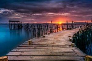 sunset, Ports, Dock, Hill, Clouds, Sea, Yellow, Orange, Blue, Nature, Landscape