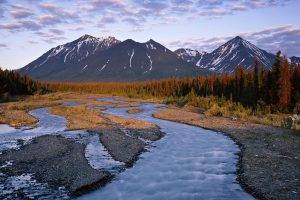 nature, Landscape, Mountain, Clouds, Snow, Water, Canada, Stream, Trees, Forest, River