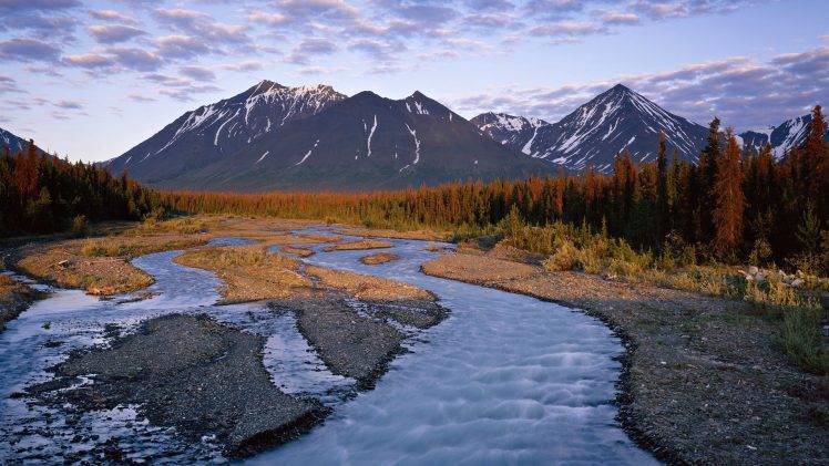 nature, Landscape, Mountain, Clouds, Snow, Water, Canada, Stream, Trees, Forest, River HD Wallpaper Desktop Background
