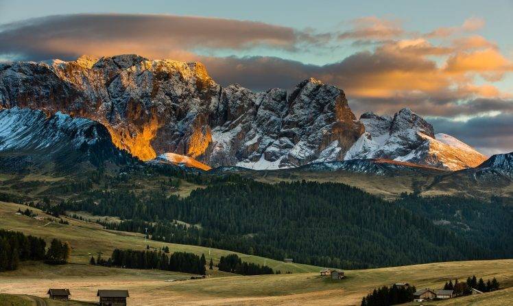 sunset, Mountain, Forest, Snowy Peak, Clouds, Grass, Cabin, Alps, Nature, Landscape HD Wallpaper Desktop Background