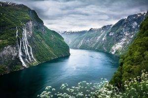 Geiranger, Norway, Fjord, Waterfall, Cliff, Clouds, Wildflowers, Foliage, Sea, Nature, Landscape