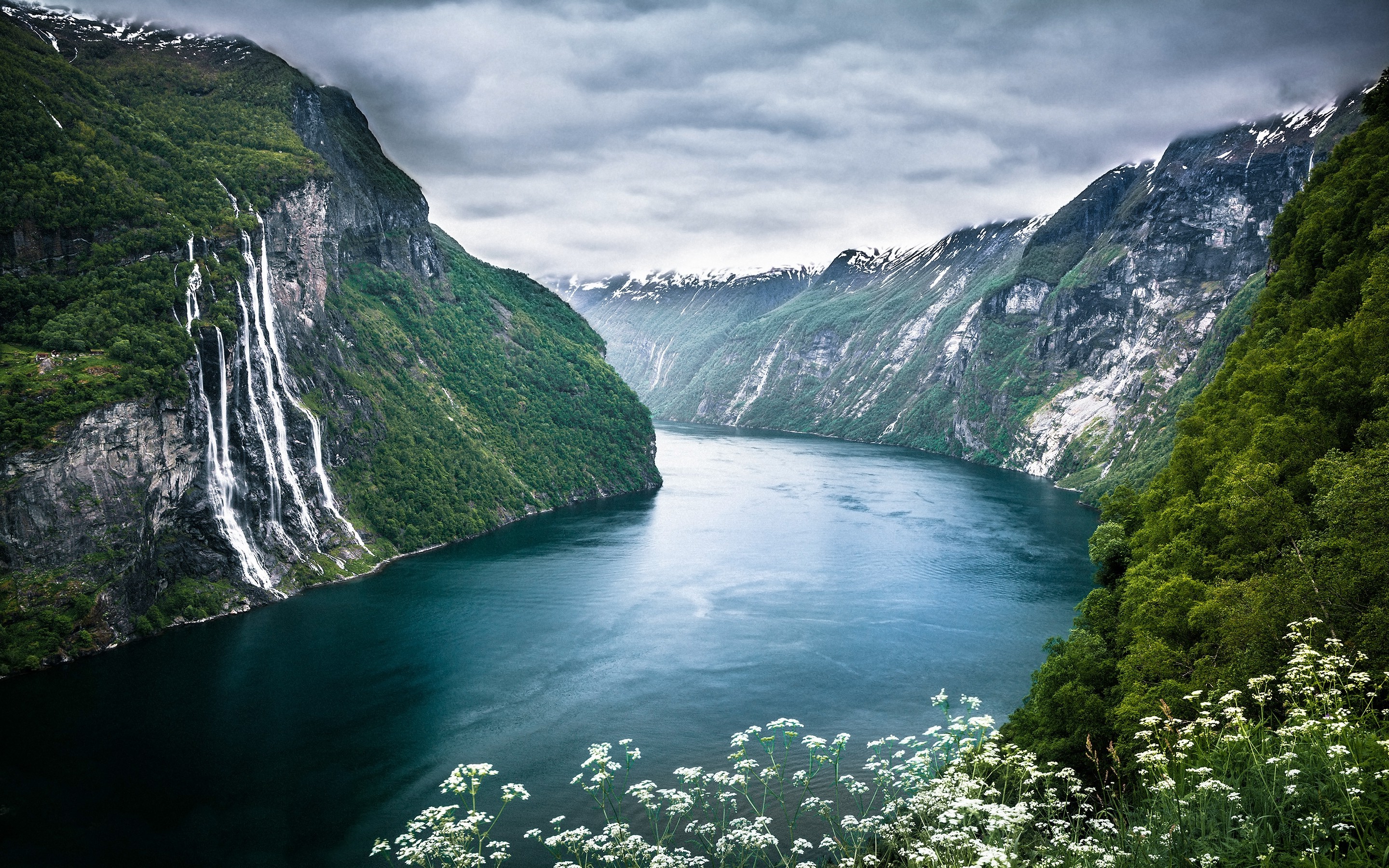Geiranger, Norway, Fjord, Waterfall, Cliff, Clouds, Wildflowers, Foliage, Sea, Nature, Landscape Wallpaper