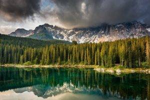 lake, Forest, Mountain, Clouds, Water, Green, Reflection, Trees, Snowy Peak, Alps, Italy, Nature, Landscape