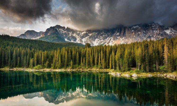 lake, Forest, Mountain, Clouds, Water, Green, Reflection, Trees, Snowy Peak, Alps, Italy, Nature, Landscape HD Wallpaper Desktop Background