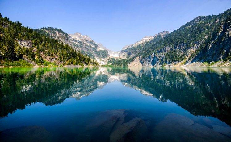 water, Reflection, Lake, Mountain, Forest, Blue, Peaceful, Nature, Landscape HD Wallpaper Desktop Background