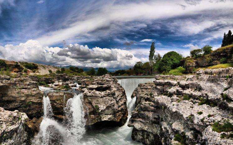 landscape, Nature, Waterfall, Clouds, River HD Wallpaper Desktop Background