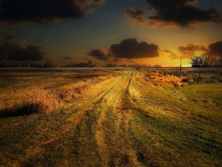 landscape, Field, Sunset, Road HD Wallpaper Desktop Background