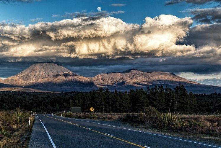 mountain, Volcano, Clouds, Sunset, Road, Highway, Forest, New Zealand, Moon, Nature, Landscape HD Wallpaper Desktop Background