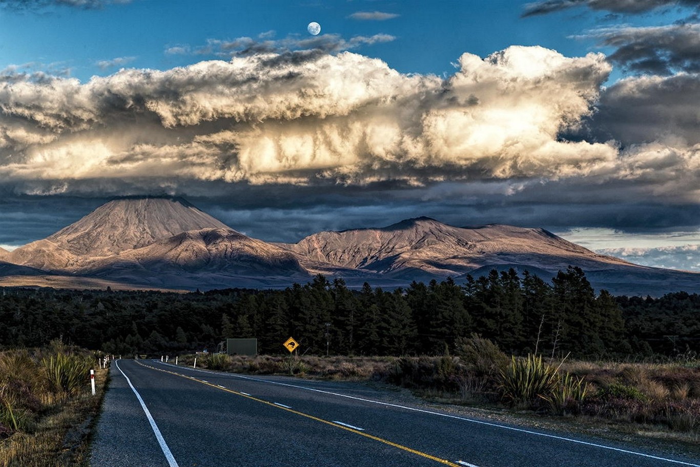 mountain, Volcano, Clouds, Sunset, Road, Highway, Forest, New Zealand, Moon, Nature, Landscape Wallpaper