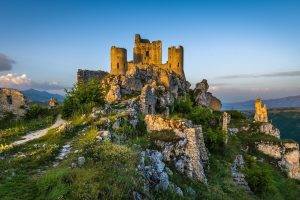 sunrise, Italy, Fortress, Ruin, Mountain, Morning, Grass, Clouds, History, Nature, Landscape