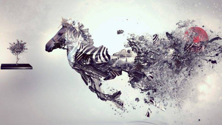 digital Art, Artwork, Animals, Zebras, Sun, Trees, Simple Background, Surreal HD Wallpaper Desktop Background