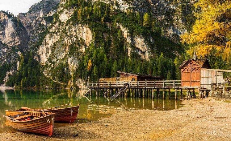 boat, Dock, Lake, Mountain, Beach, Forest, Cliff, Alps, Trees, Italy, Nature, Landscape HD Wallpaper Desktop Background