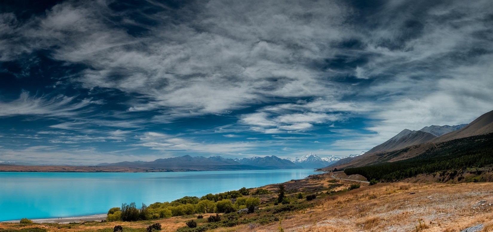 lake, Road, Clouds, Mountain, Snowy Peak, Turquoise, Nature, Landscape Wallpaper
