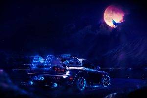 car, Wolf, Moon, Neon