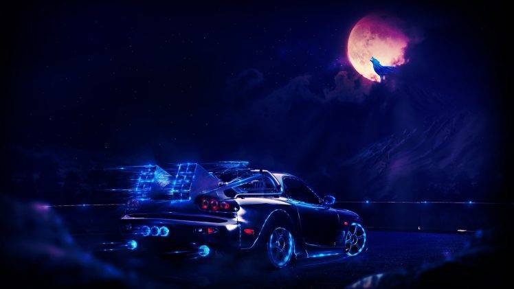 car, Wolf, Moon, Neon HD Wallpaper Desktop Background
