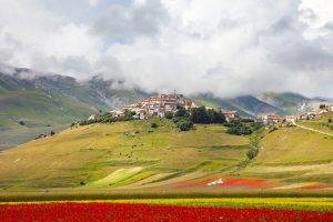 landscape, Nature, Architecture, Clouds, Italy, Building, House, Villages, Hill, Field, Trees, Red Flowers, Mountain, Mist