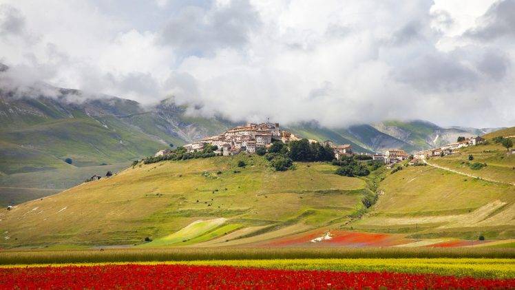 landscape, Nature, Architecture, Clouds, Italy, Building, House, Villages, Hill, Field, Trees, Red Flowers, Mountain, Mist HD Wallpaper Desktop Background
