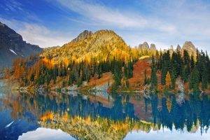 blue, Lake, Reflection, Washington State, Sunlight, Mountain, Forest, Nature, Landscape
