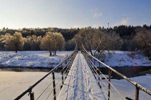 nature, Landscape, Bridge, Snow, Trees, River, Path