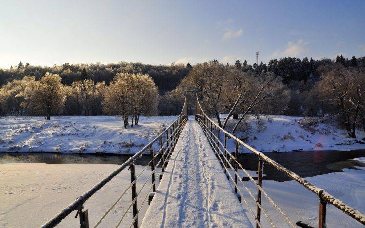 nature, Landscape, Bridge, Snow, Trees, River, Path HD Wallpaper Desktop Background