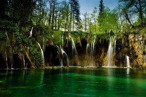 nature, Landscape, Waterfall, Trees, Lake