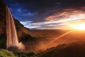 panoramas, Seljalandsfoss Waterfall, Sunset, Waterfall, Iceland, Cliff, Grass, Clouds, Nature, Landscape