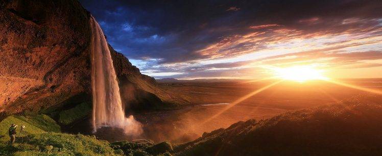 panoramas, Seljalandsfoss Waterfall, Sunset, Waterfall, Iceland, Cliff, Grass, Clouds, Nature, Landscape HD Wallpaper Desktop Background