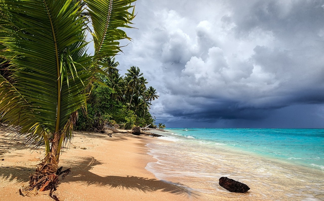 storm, Tropical, Beach, Sea, Sand, Palm Trees, Atolls, Clouds, Nature, Landscape Wallpaper