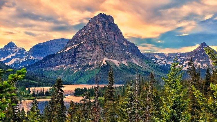 sunrise, Mountain, Clouds, Forest, Cliff, Lake, Trees, Nature, Landscape, River HD Wallpaper Desktop Background