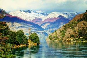 mountain, Chile, Patagonia, Snowy Peak, Andes, Trees, Water, Nature, Landscape