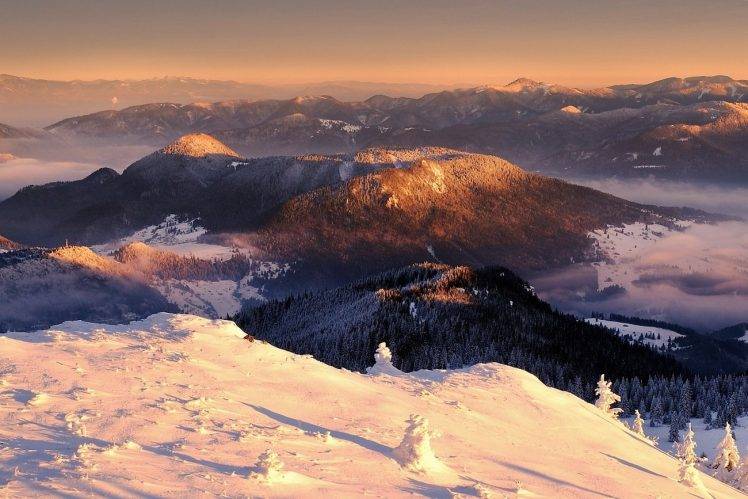 mountain, Snow, Sunlight, Sunbeams, Forest, Clouds, Sunrise, Winter, Nature, Landscape HD Wallpaper Desktop Background