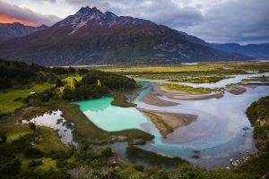 mountain, Sunrise, River, Chile, Valley, Patagonia, Clouds, Snowy Peak, Trees, Shrubs, Water, Green, Turquoise, Nature, Landscape