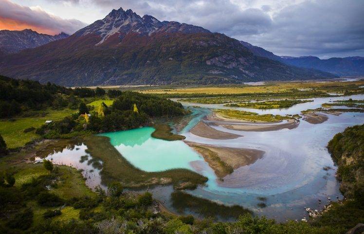 mountain, Sunrise, River, Chile, Valley, Patagonia, Clouds, Snowy Peak, Trees, Shrubs, Water, Green, Turquoise, Nature, Landscape HD Wallpaper Desktop Background