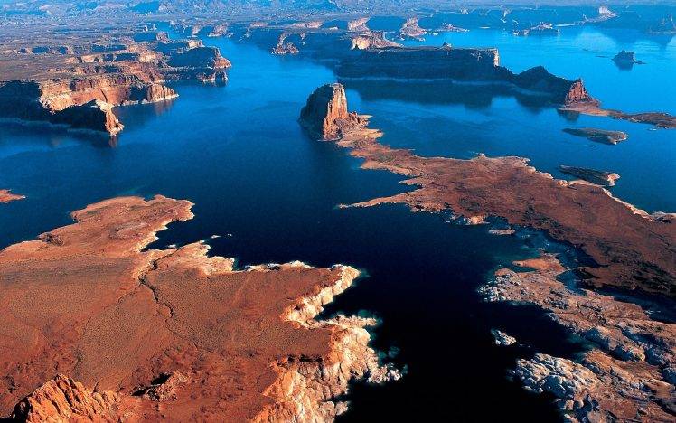 Arizona, Aerial View, Lake, Desert, Cliff, Sunset, Water, Nature, Landscape HD Wallpaper Desktop Background