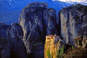 monastery, Mountain, Cliff, Rock, Greece, Sunlight, Nature, Landscape