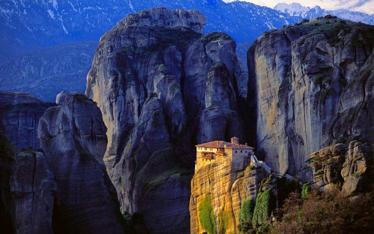 monastery, Mountain, Cliff, Rock, Greece, Sunlight, Nature, Landscape HD Wallpaper Desktop Background