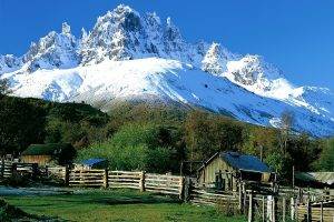 fence, Mountain, Trees, Grass, Snowy Peak, Chile, Patagonia, Hut, Morning, Nature, Landscape