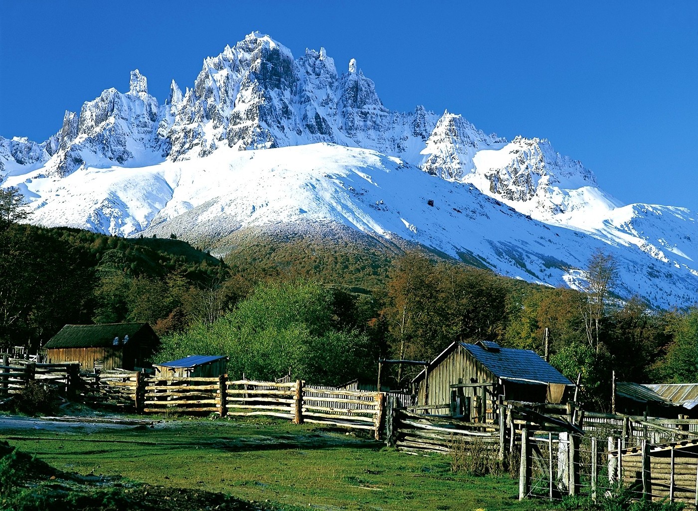 fence, Mountain, Trees, Grass, Snowy Peak, Chile, Patagonia, Hut, Morning, Nature, Landscape Wallpaper
