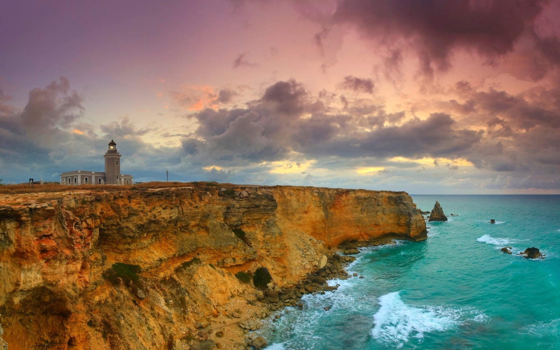 lighthouse, Cliff, Sea, Rock, Clouds, Sunset, Puerto Rico, Island, Caribbean, Nature, Landscape Wallpaper