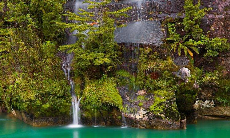 Chile, Patagonia, Waterfall, Ferns, River, Shrubs, Turquoise, Moss, Water, Nature, Landscape HD Wallpaper Desktop Background