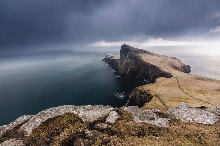 Neist Point, Lighthouse, Storm, Island, Sea, Clouds, Cliff, Rock, Nature, Landscape, Scotland, UK HD Wallpaper Desktop Background