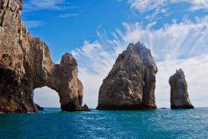 sea, Rock, Cliff, Island, Beach, Mexico, Clouds, Nature, Water, Landscape