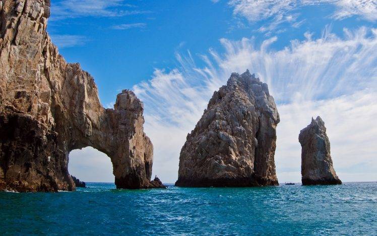 sea, Rock, Cliff, Island, Beach, Mexico, Clouds, Nature, Water, Landscape HD Wallpaper Desktop Background