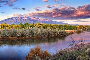 fall, River, New Mexico, Sunset, Forest, Clouds, Mountain, Trees, Shrubs, Nature, Landscape