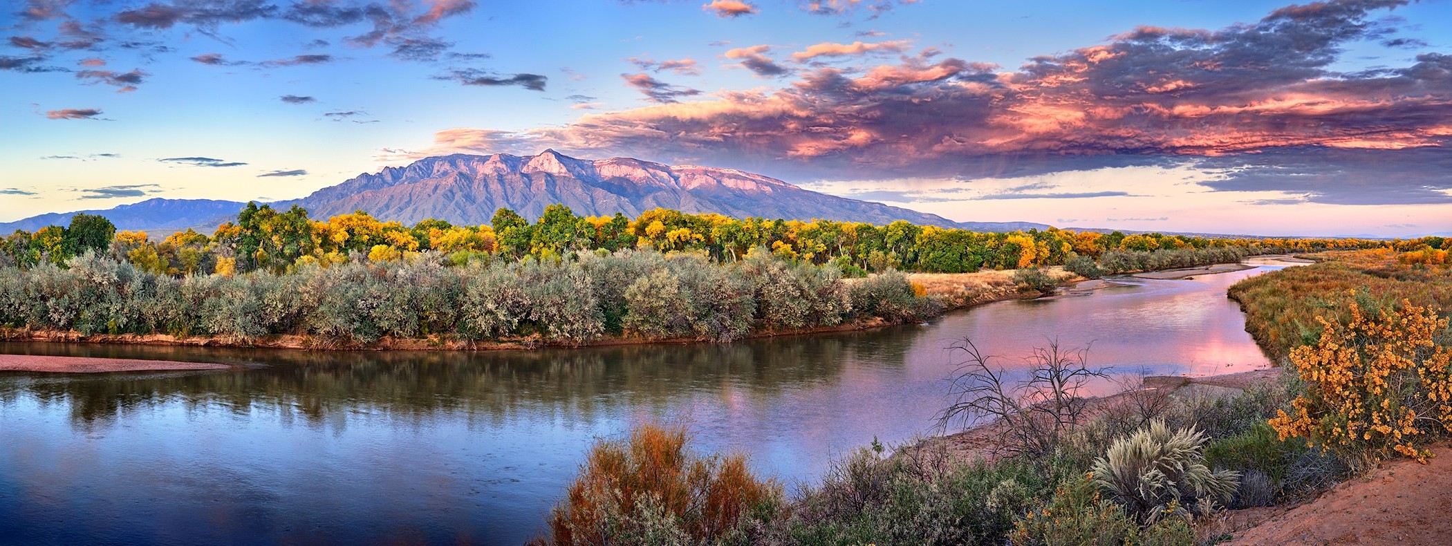 fall, River, New Mexico, Sunset, Forest, Clouds, Mountain, Trees, Shrubs, Nature, Landscape Wallpaper