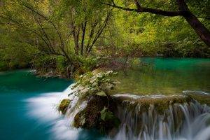 river, Waterfall, Forest, Shrubs, Plitvice National Park, Croatia, Turquoise, Green, Trees, Nature, Landscape