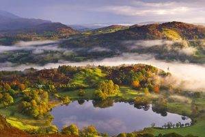 mist, Lake, Valley, Hill, Forest, Grass, Field, Trees, Nature, Landscape